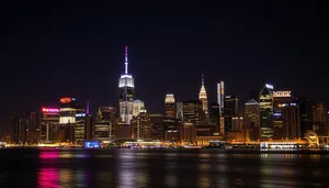 City skyline reflecting on river at sunset