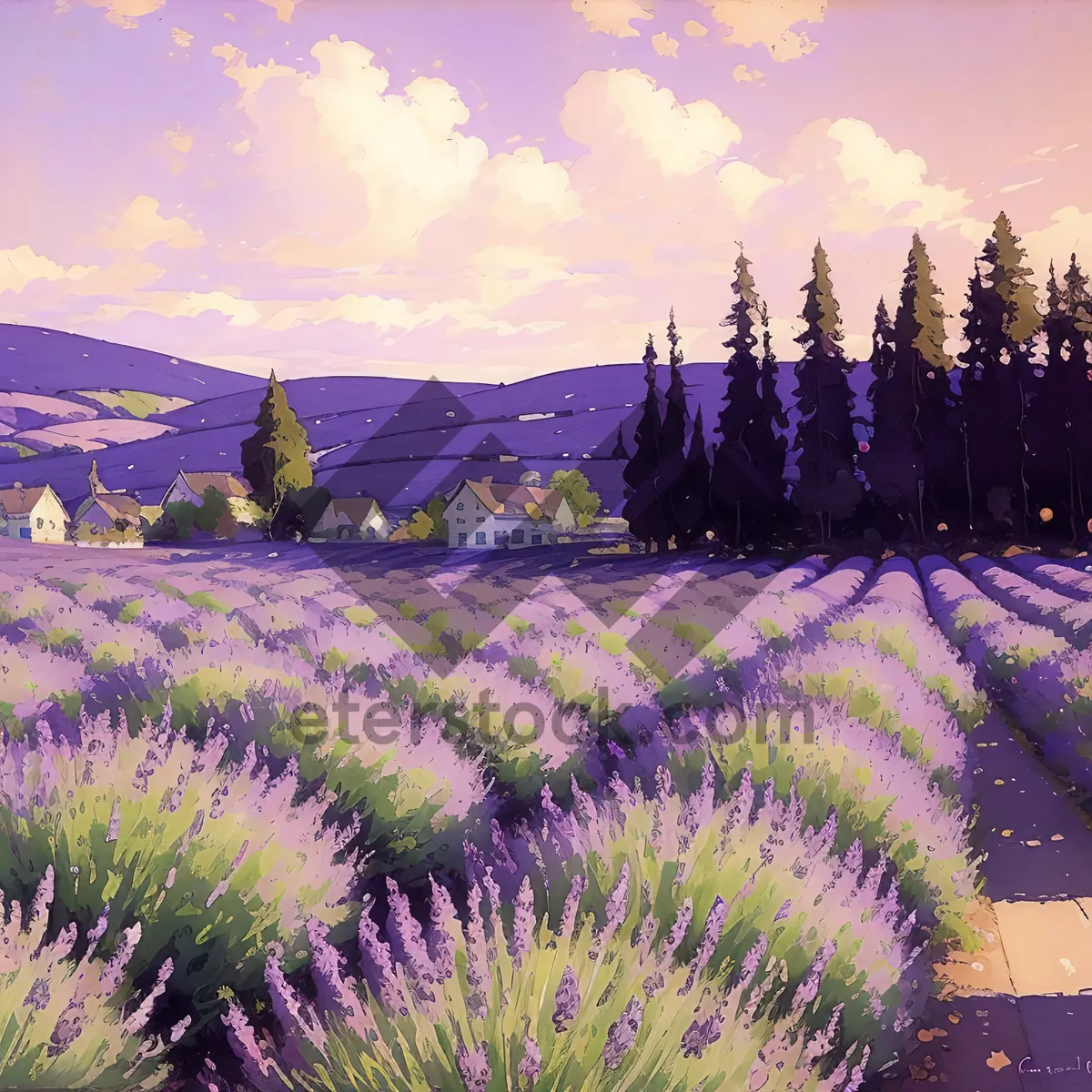 Picture of Vibrant Lavender Blooms Against Lush Green Landscape