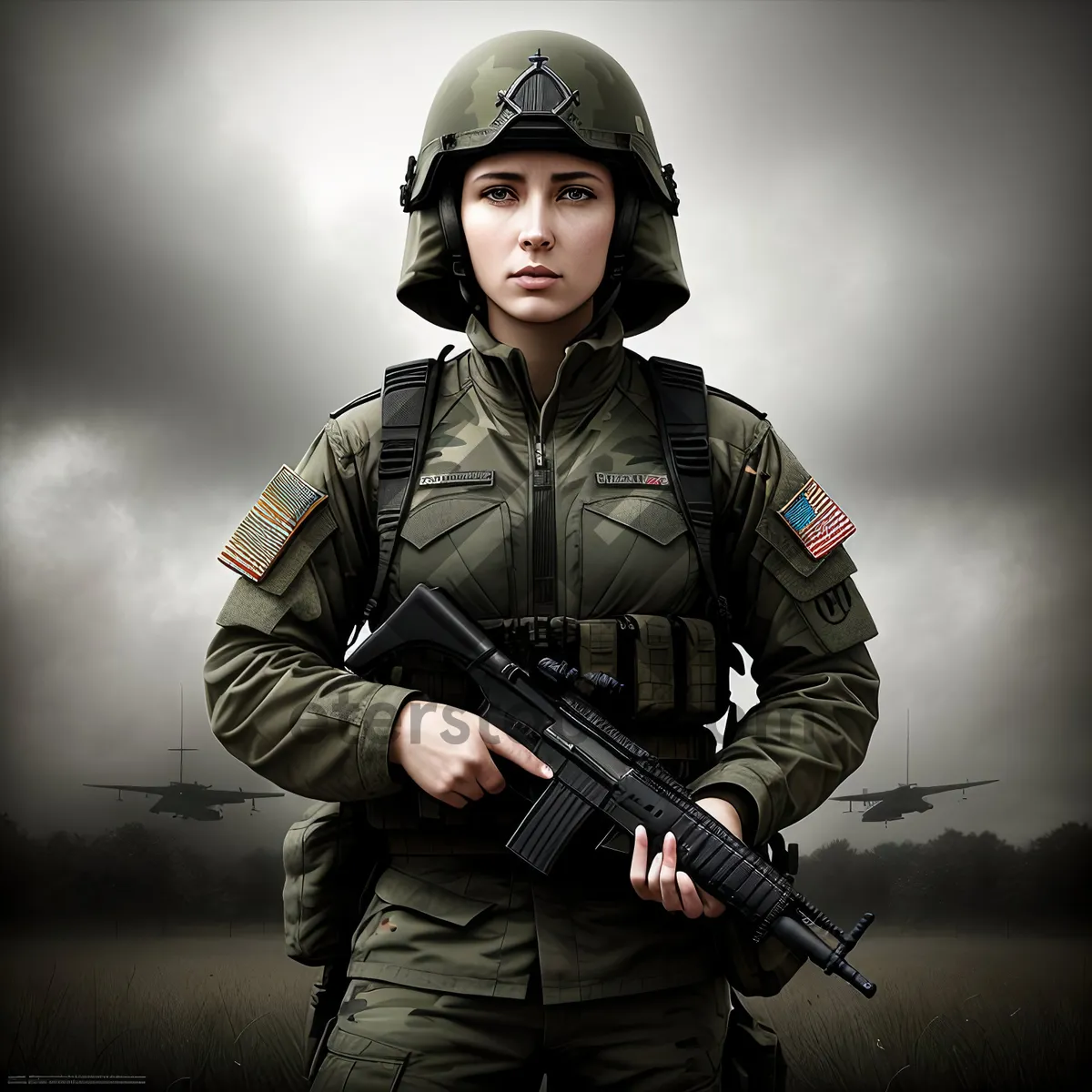 Picture of Armed Soldier in Military Uniform with Rifle