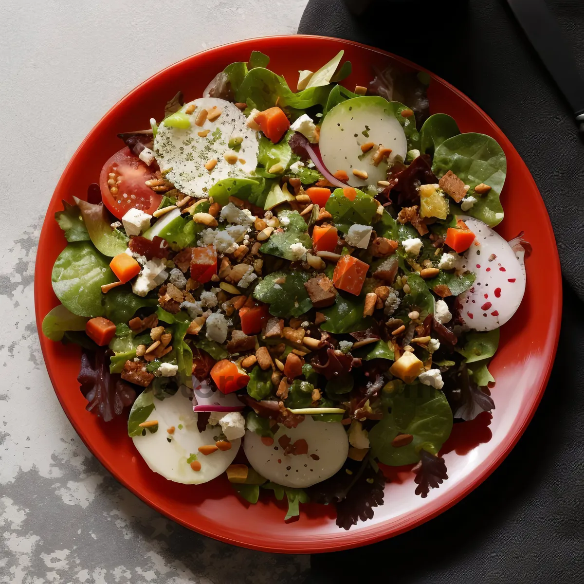 Picture of Fresh salad with vegetables and healthy sauce dressing.