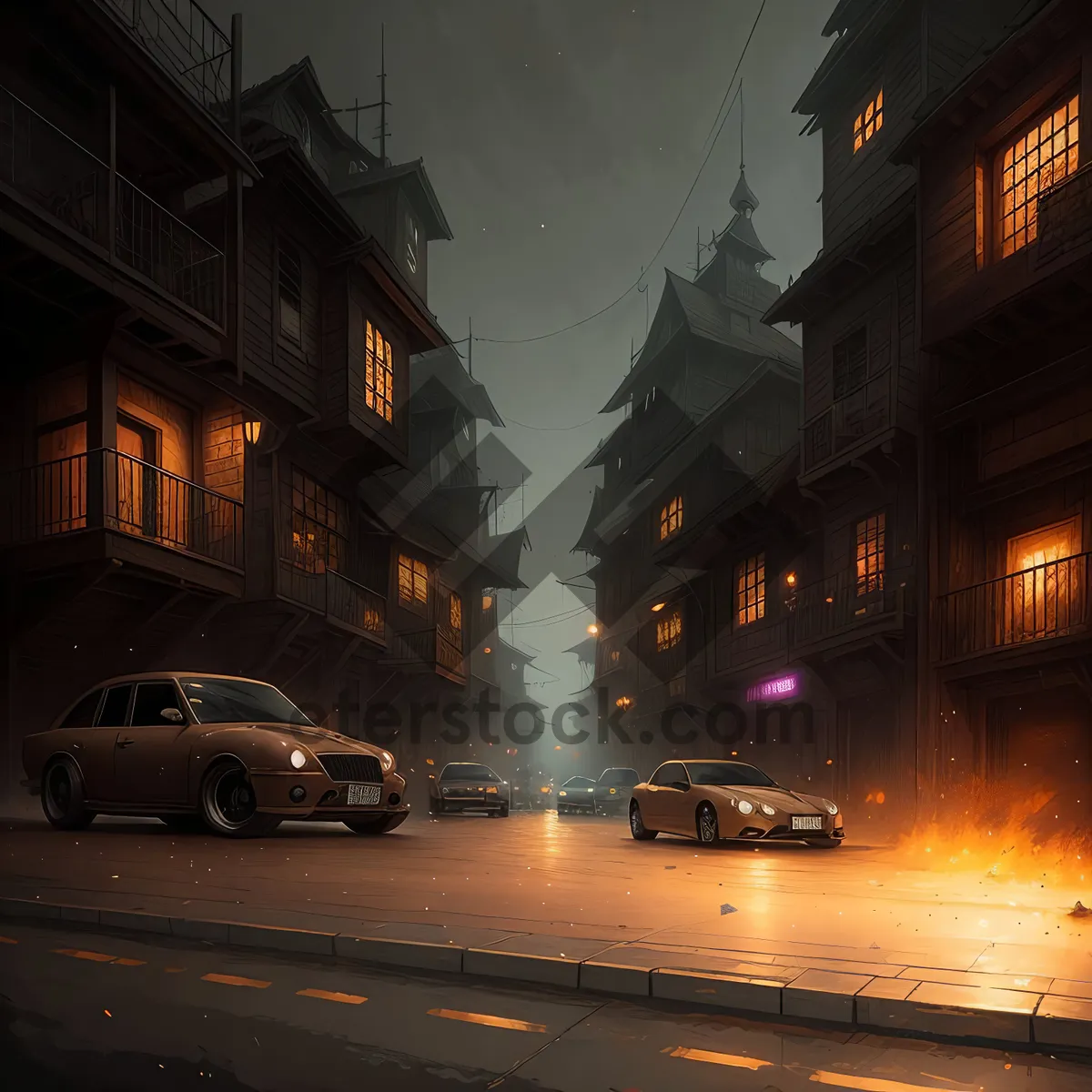 Picture of Urban Nightlife: Cars and Cityscape