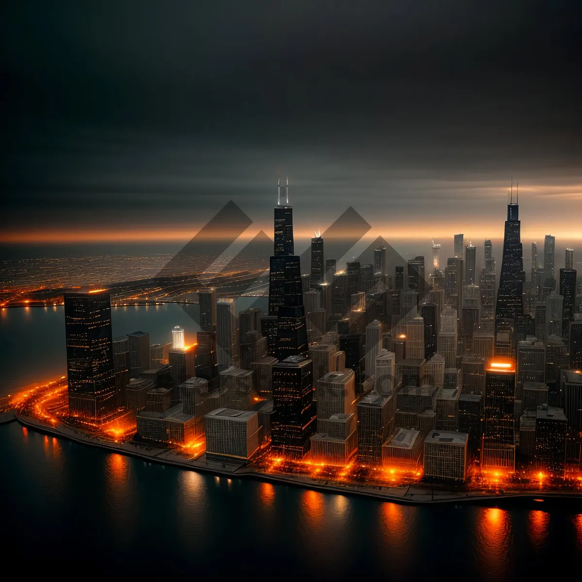 Picture of Nighttime City Waterfront Reflections with Skyscrapers