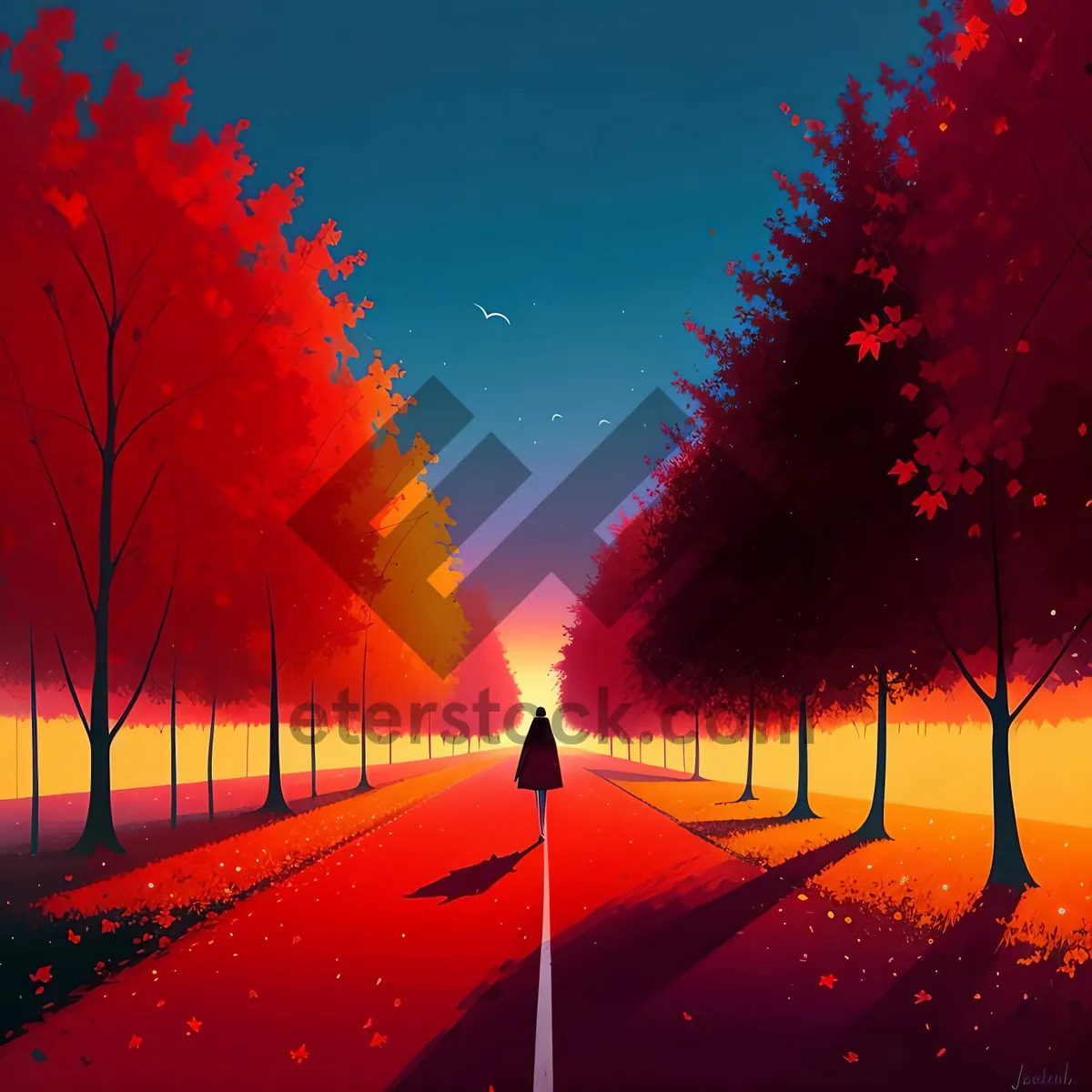 Picture of Sunset Silhouette in Vibrant Orange Sky