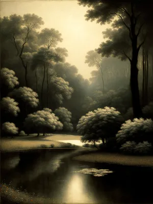 Serene Park Landscape with Sunlit Trees Reflecting on River