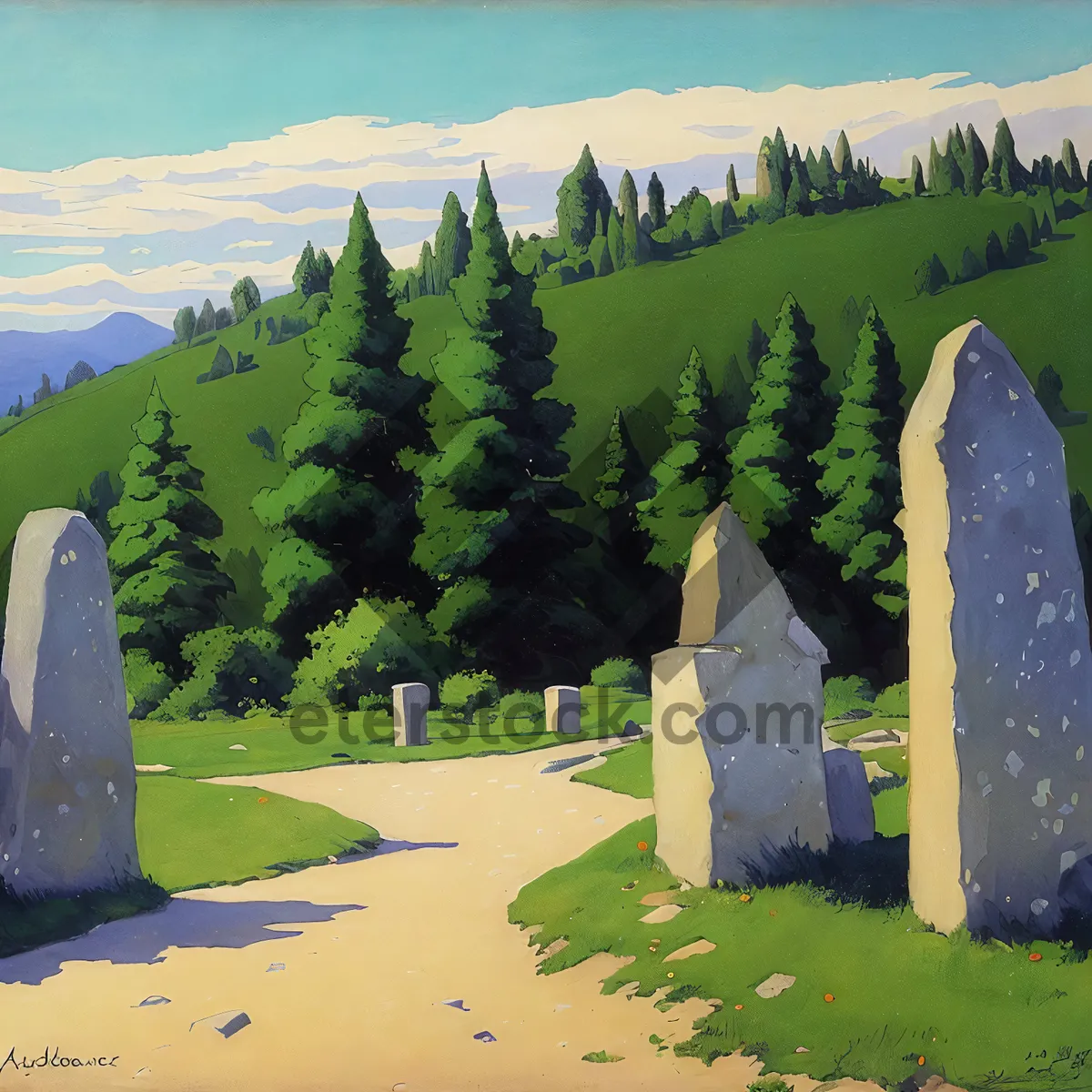 Picture of Serene Memorial Stone in Majestic Cemetery Landscape