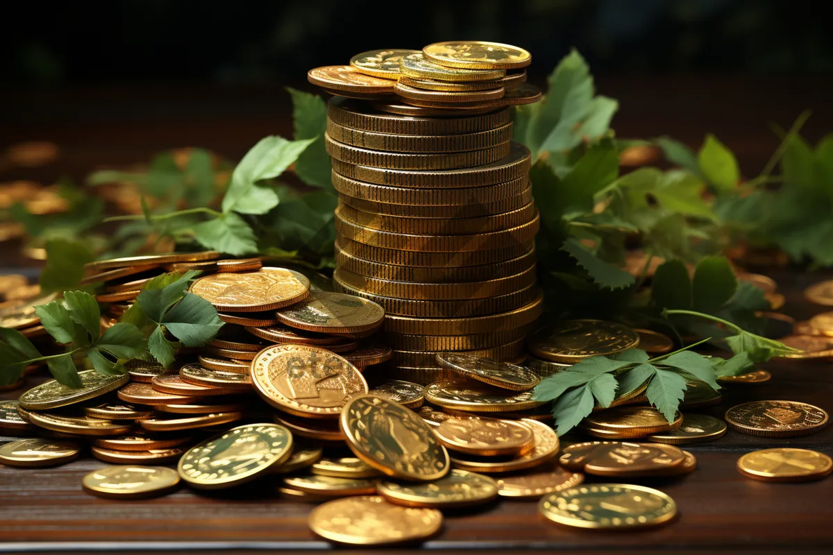 Picture of Golden coins stack closeup in wicker basket