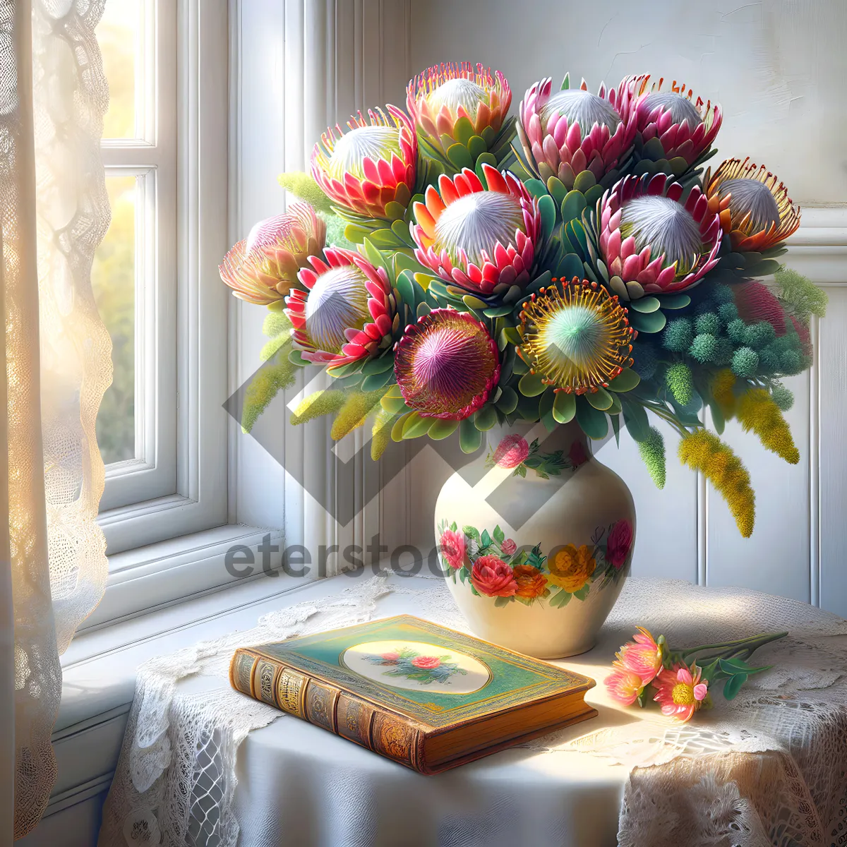 Picture of Interior room decoration with vase of flowers on windowsill