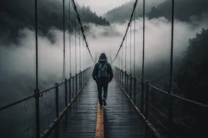 Suspension bridge over river in bustling city.