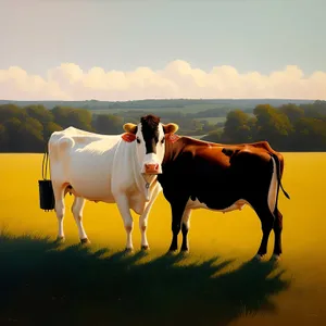 Summer Sky Over Rural Meadow with Grazing Horses