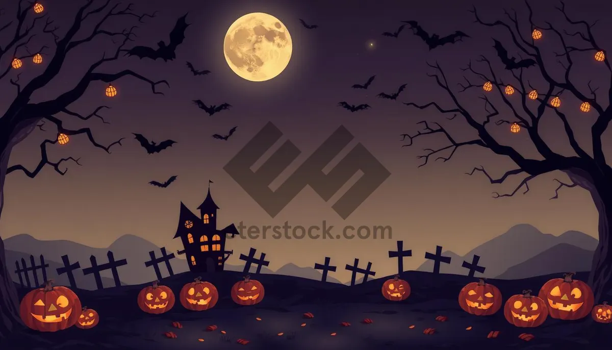 Picture of Silhouette of moonlit cemetery with pumpkin and stars