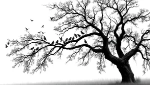 Winter silhouette of oak tree against snowy sky.