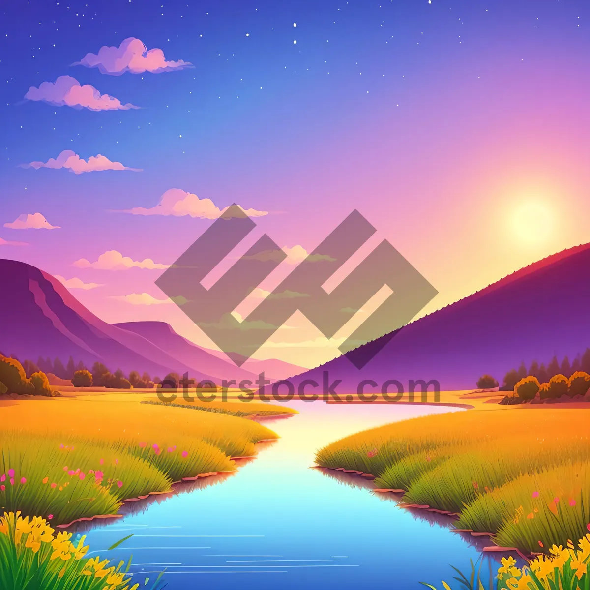 Picture of Serene Summer Sunset Over Countryside Meadow.