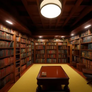 Library interior with tables, bookshelves, and books