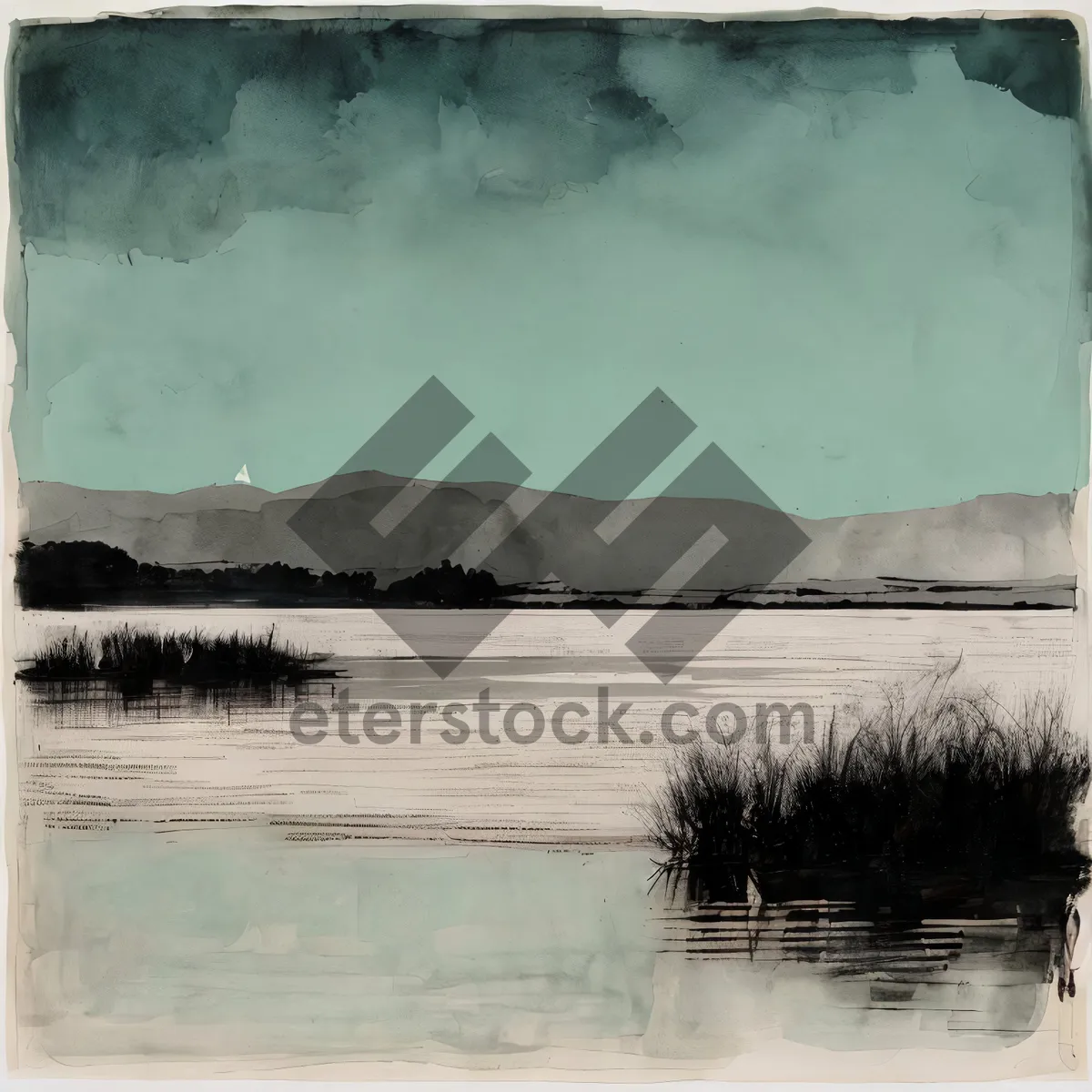 Picture of Antique Grungy Lake Art with Vintage Frame