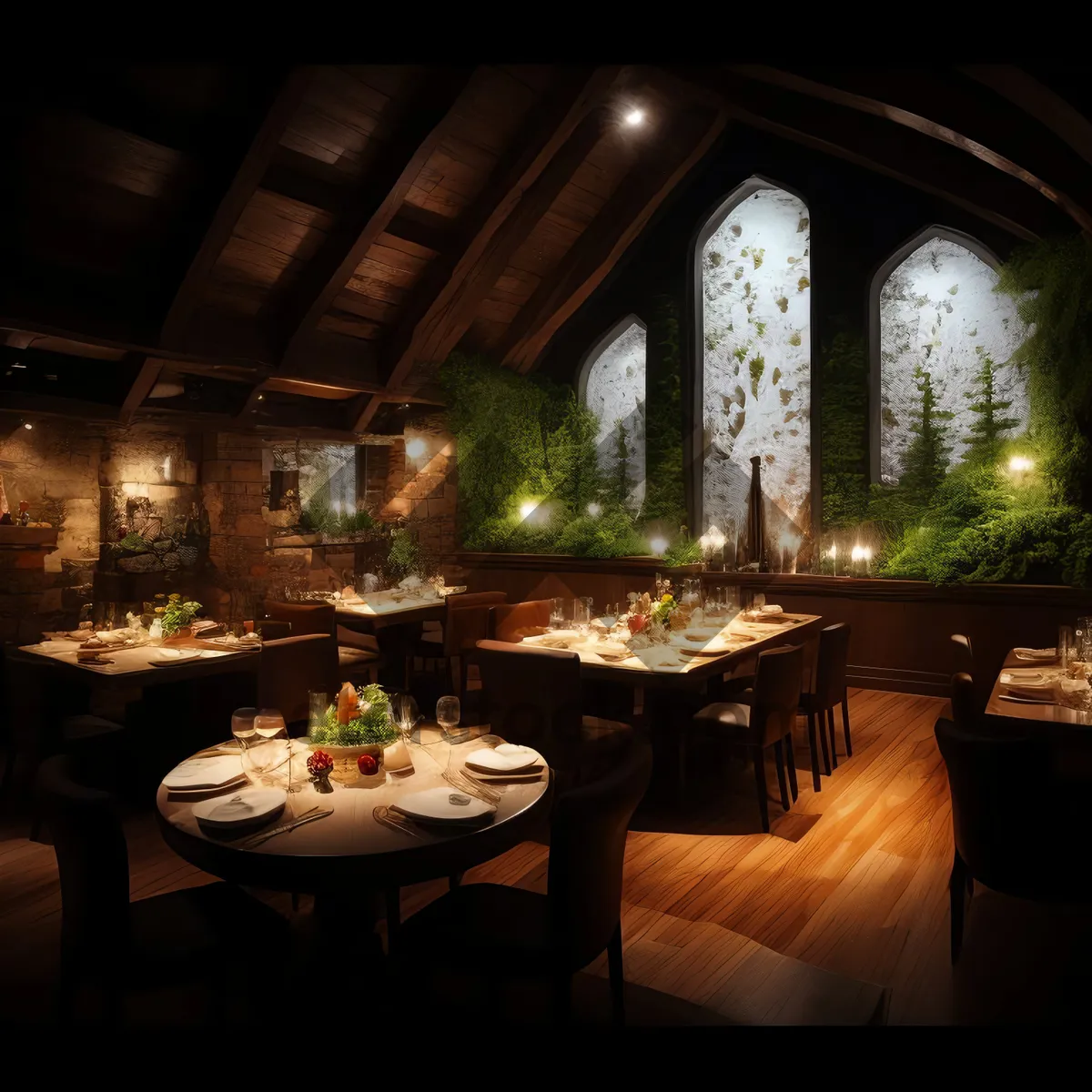 Picture of Modern dining room with stylish wooden furniture and lighting.