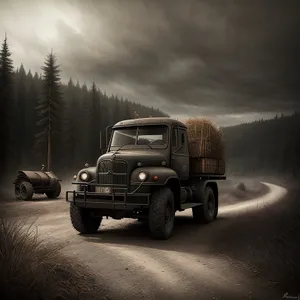 Snowplow truck clearing rural road in snowy landscape