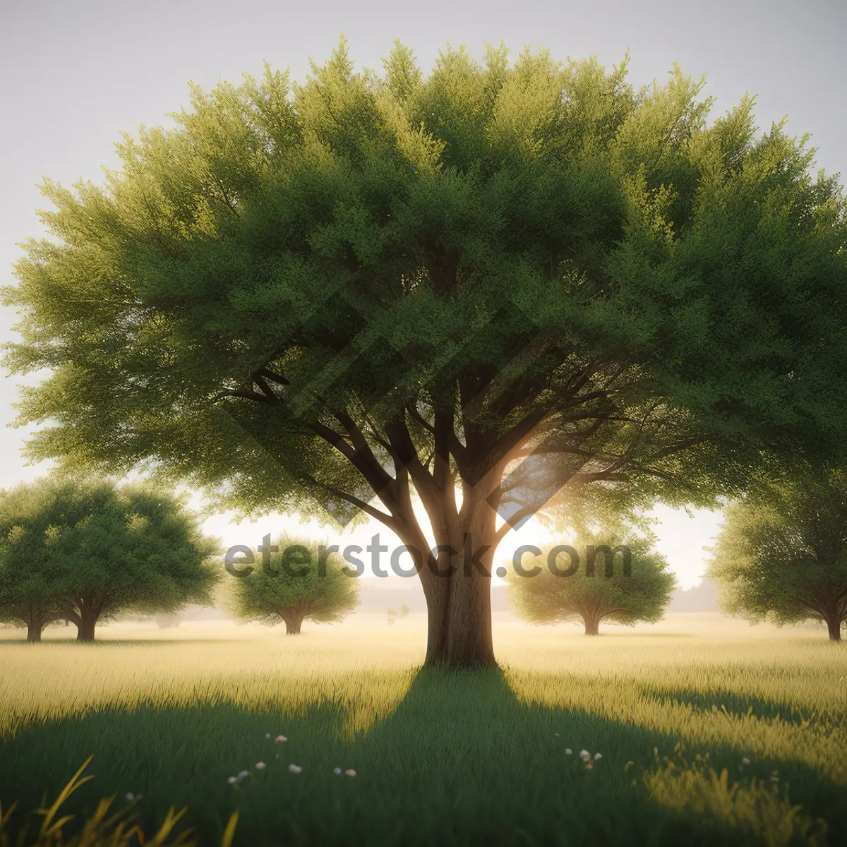 Picture of Serene Countryside with Lush Oak Trees and Clear Skies