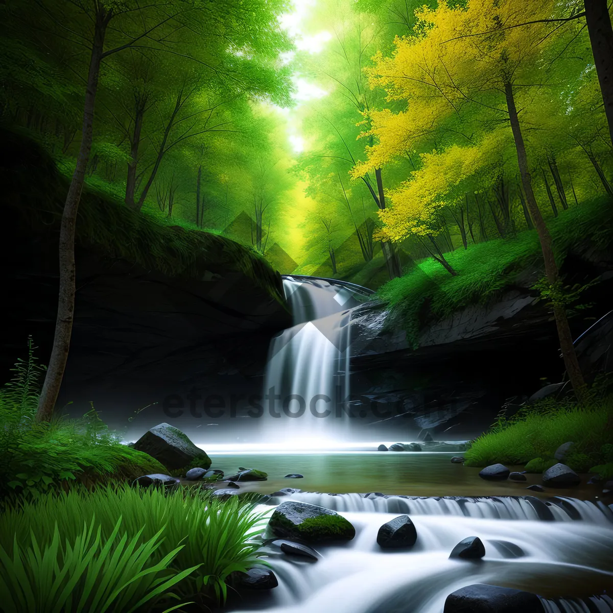 Picture of Serene Summer Waterfall in Woodland Landscape