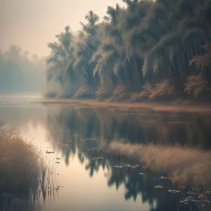 Serene Sunset Reflection over Lakeside Landscape