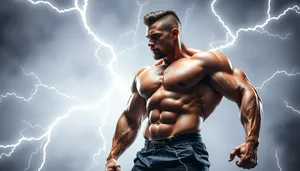 Masculine athlete posing shirtless in studio portrait.