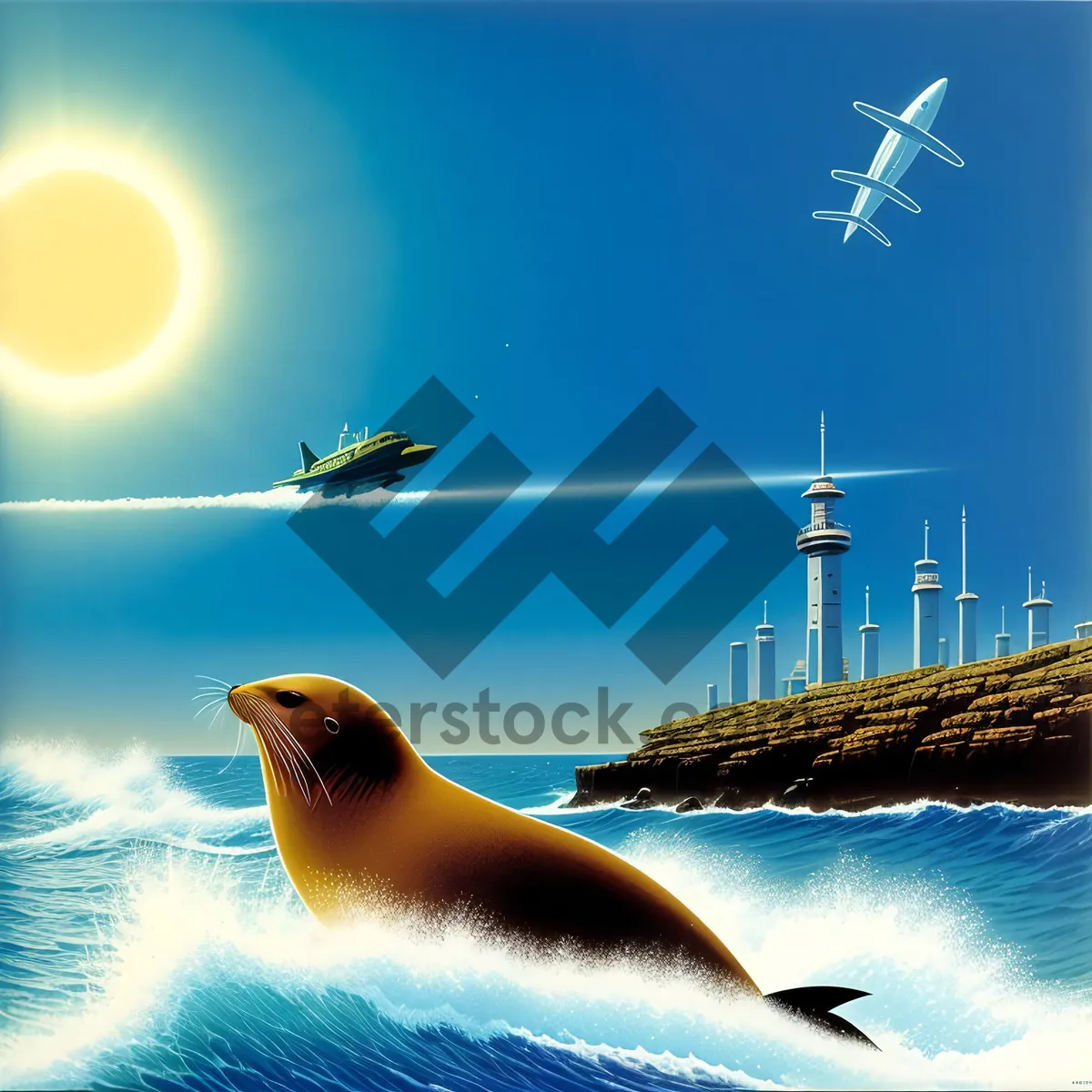 Picture of Serene Seascape with Dolphins and Island Sunset