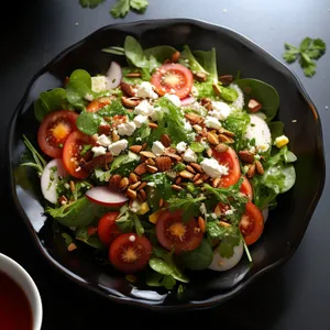 Delicious salad with fresh vegetables and cheese