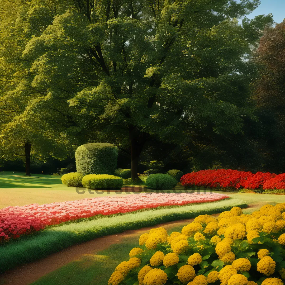 Picture of Colorful Autumn Park Trees with Yellow Leaves and Flowers