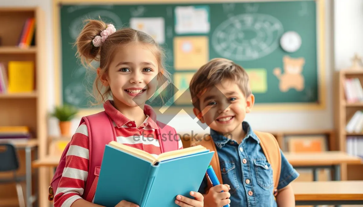 Picture of Happy schoolboy learning in cheerful classroom with friends.