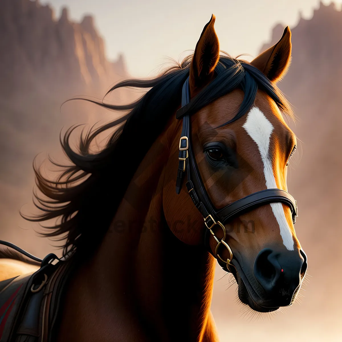 Picture of Beautiful Brown Stallion in Bridle and Mane