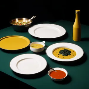 Healthy breakfast plate with tea and spoon on table