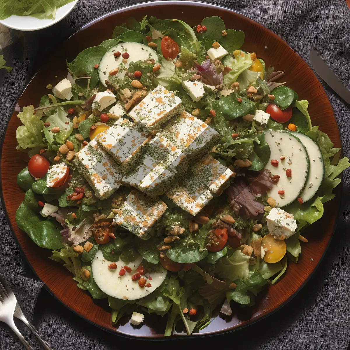 Picture of Healthy gourmet salad with fresh vegetables and sauce.