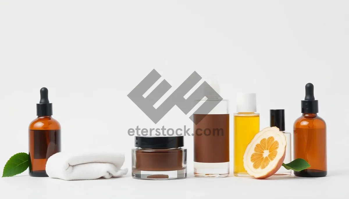 Picture of Glass bottle of spa lotion with cosmetic products