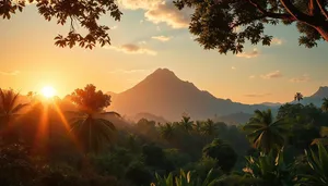 Sunset over mountain landscape with volcano in distance