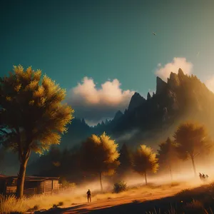 Vibrant Sunset over Grassy Meadow and Tree"
or
"Golden Sunrise Painting the Horizon and Sky
