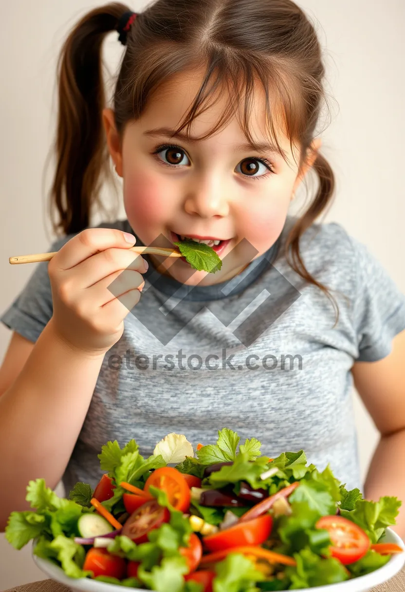 Picture of Happy woman eating healthy fruit and vegetables salad portrait.