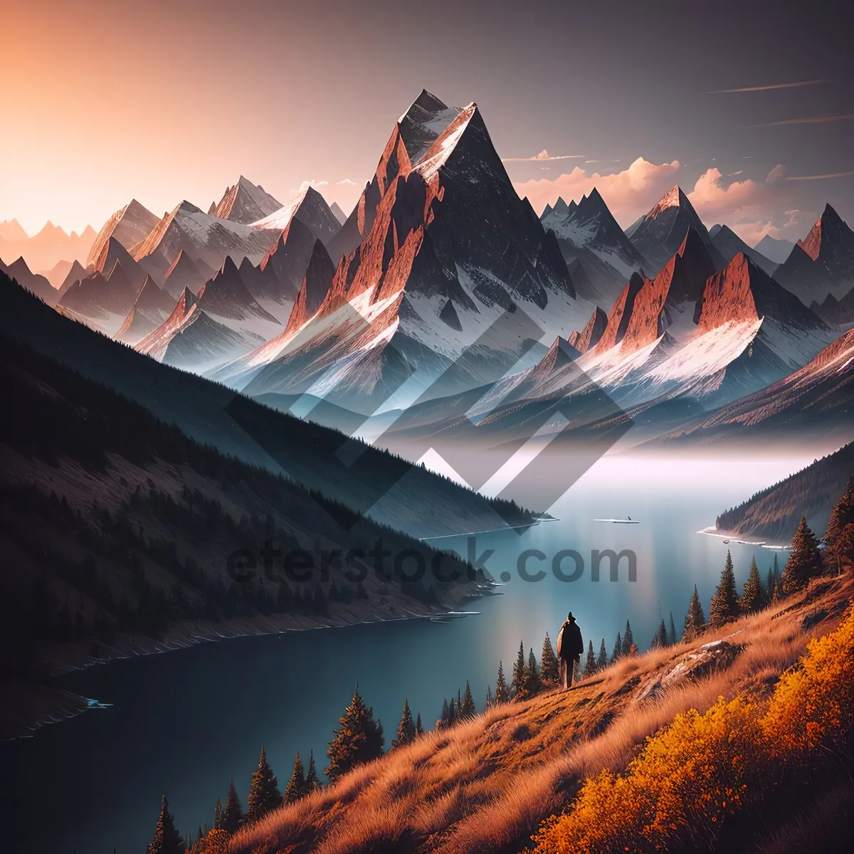 Picture of Majestic Mountain Valley at Sunset with Glacial Reflection