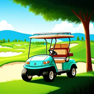 Sunny Golf Course Landscape with Golfer and Car