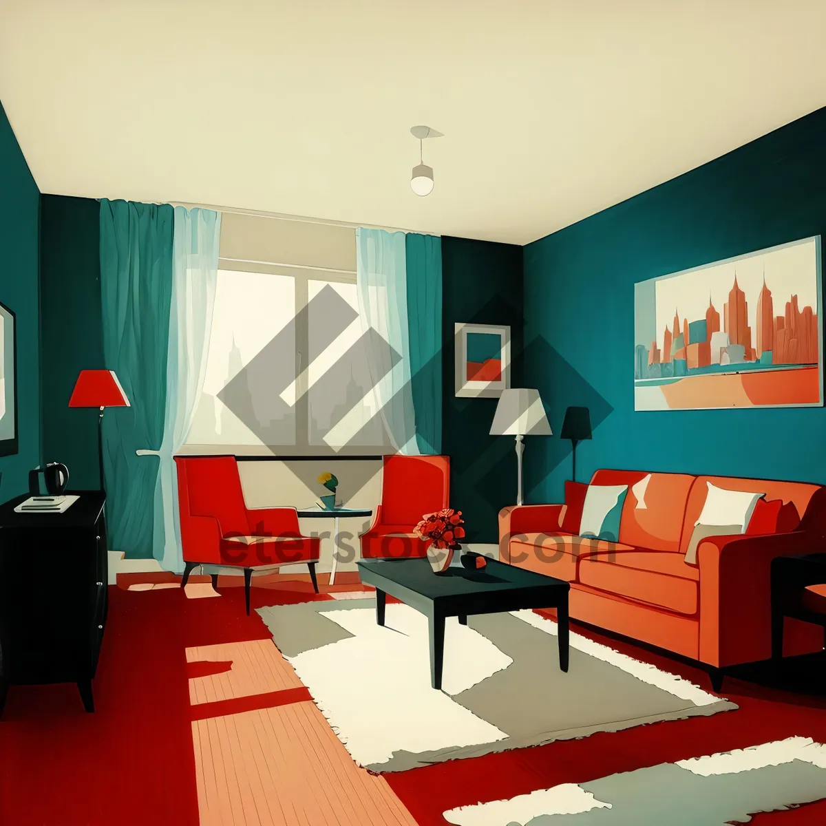 Picture of Modern Luxury Living Room Interior with Wood Furniture