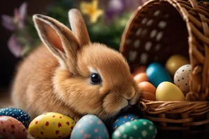 Cute Easter Bunny with Fluffy Ears and Eggs