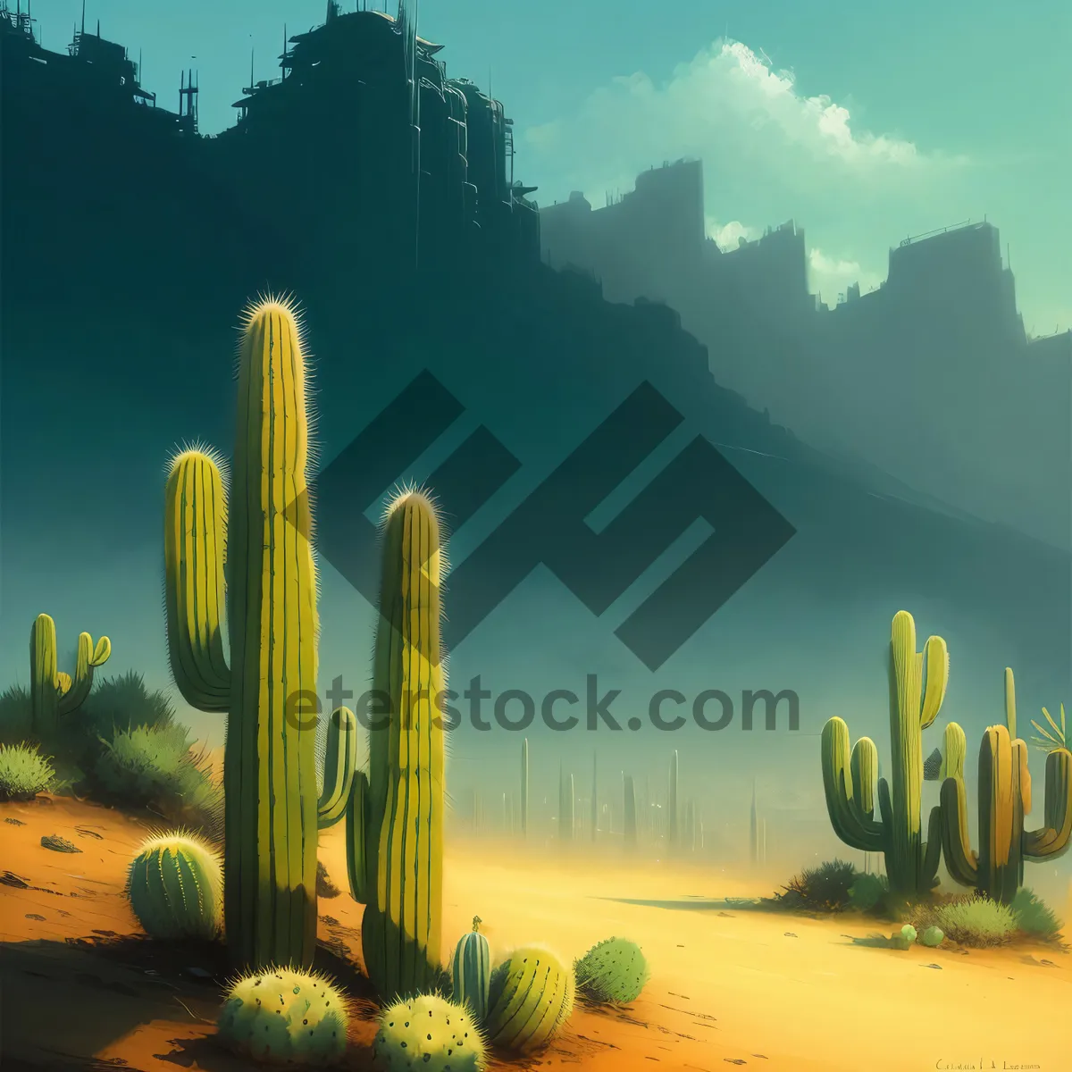 Picture of Saguaro sunset: Majestic desert landscape amidst cacti and colorful skies