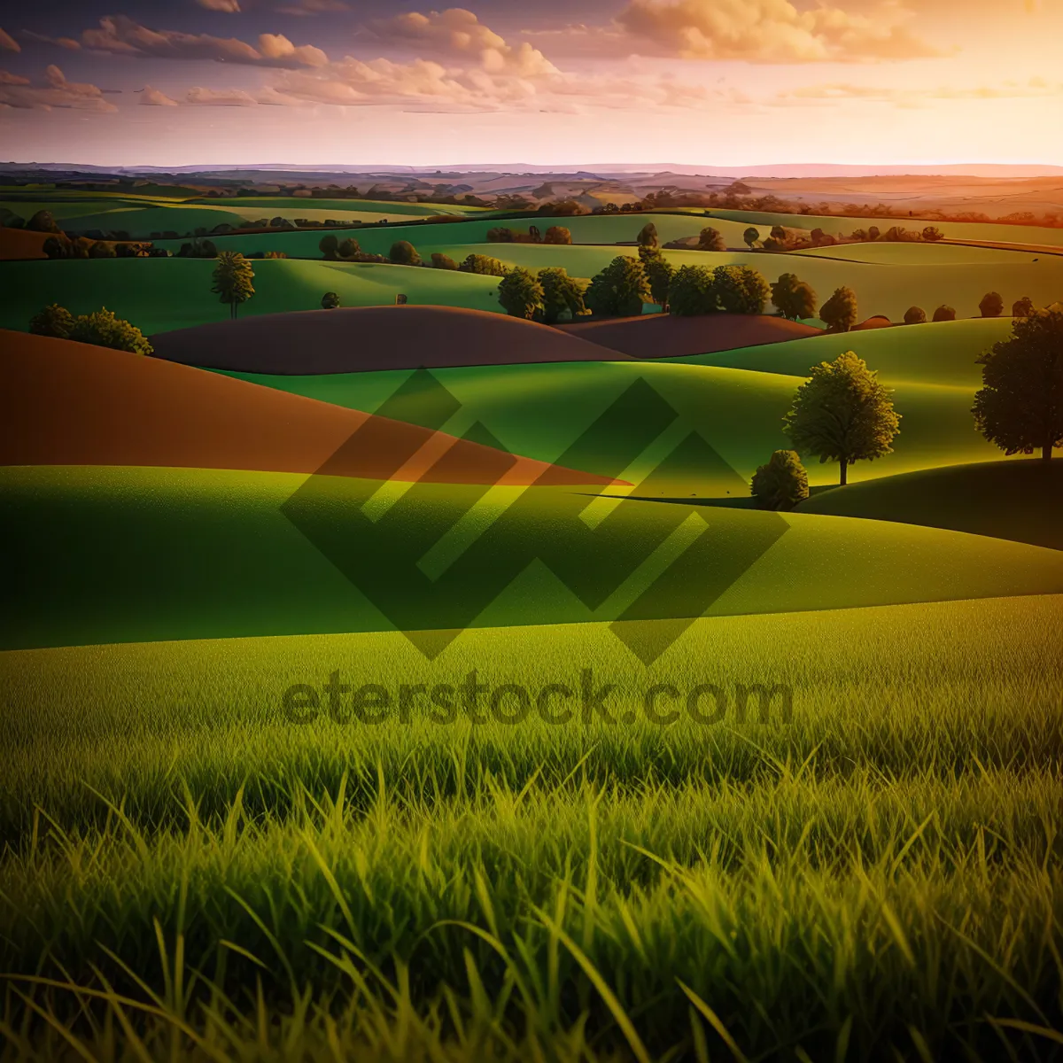 Picture of Rural Meadow Landscape with Wheat Field and Clear Sky