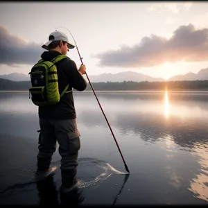Reel Fishing: Man Enjoying Outdoor Leisure with Fishing Gear