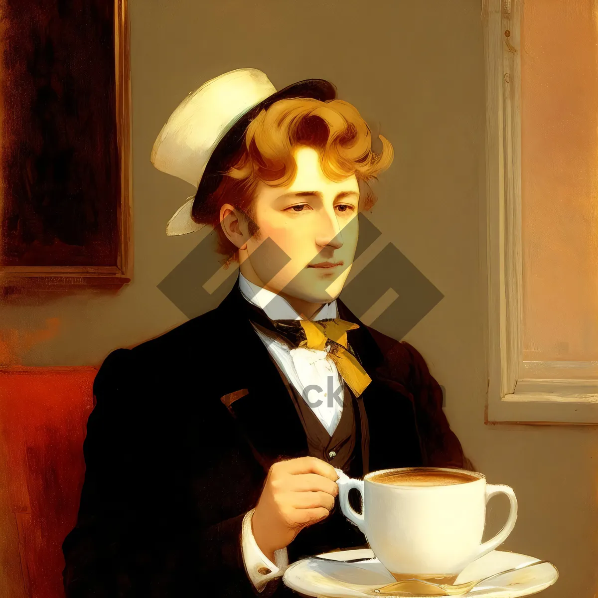 Picture of Waiter serving hot coffee in dining room.