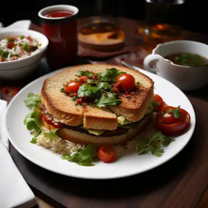 Fresh vegetable salad plate with delicious sauce garnish.