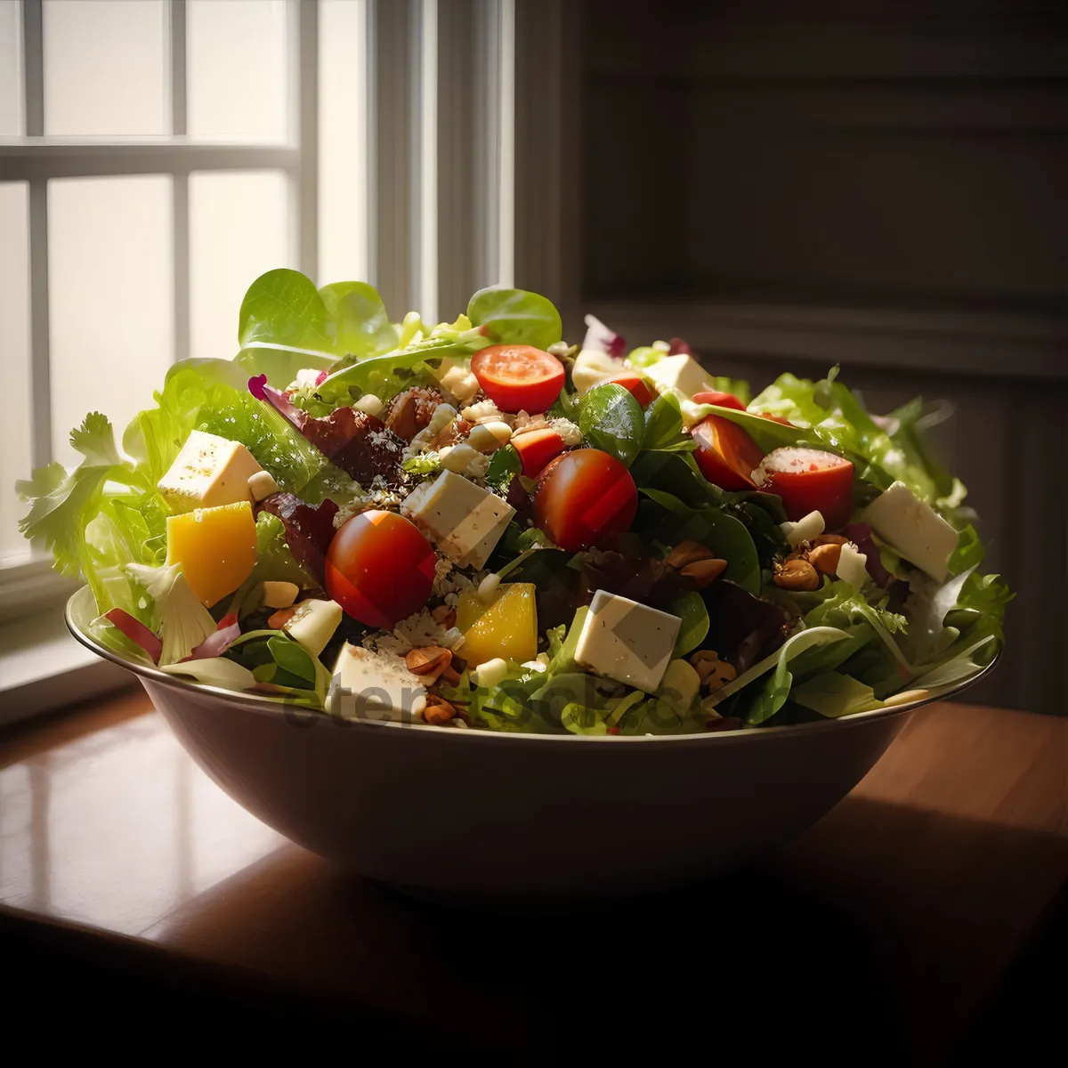 Picture of Fresh vegetable salad with basil and apple slices.