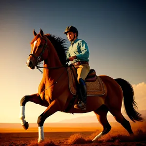 Silhouette of a Rider on a Thoroughbred Horse at Sunset.