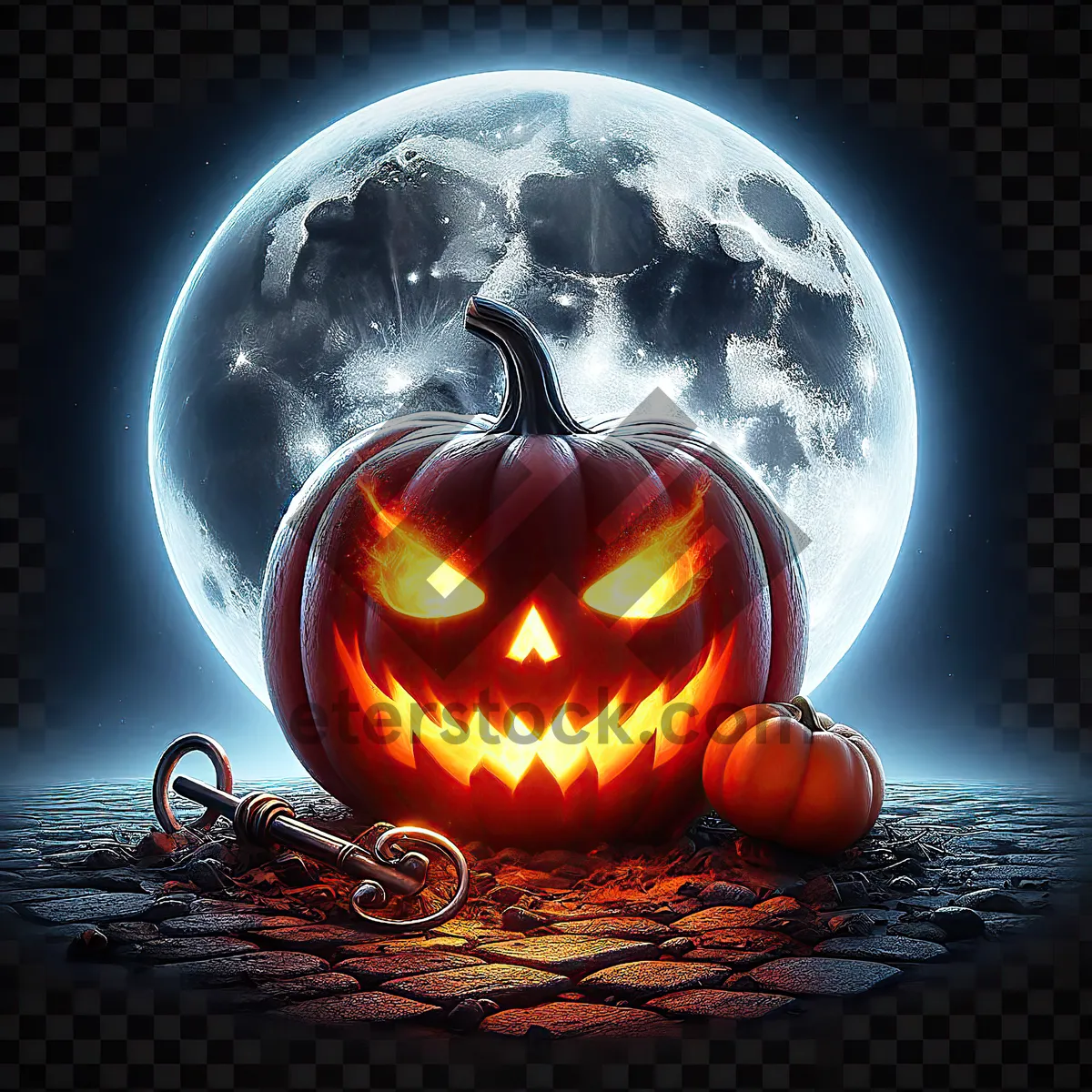 Picture of Pumpkin with burning sinister face on paving stone in front of large detailed full moon, Halloween atmosphere. AI, Generation, Illustration