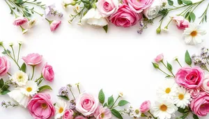 Spring wedding floral frame with pink roses and petals