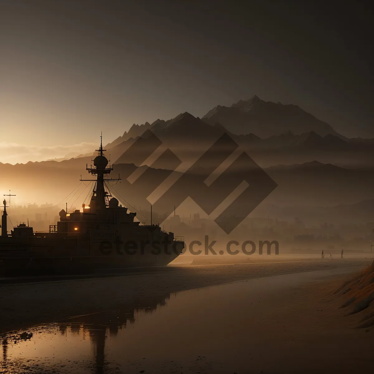Picture of Sunset Silhouette: Majestic Warship Sailing over City