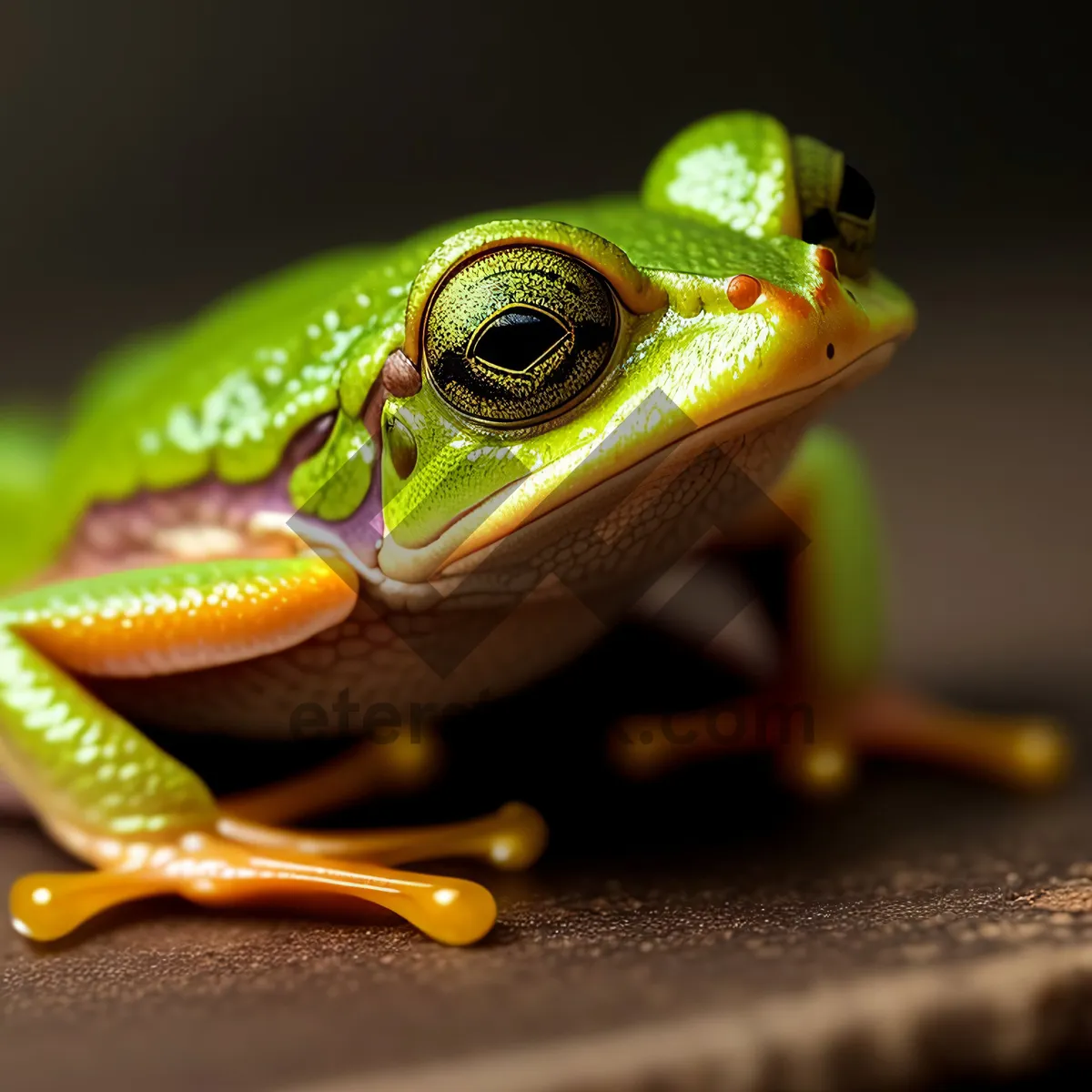 Picture of Bulging-eyed tree frog peeping out from leaf.